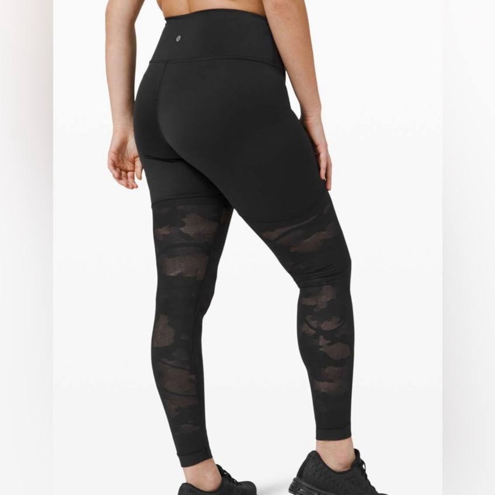 EUC Lululemon Sheer Will High-Rise Tight Pant Nulux 28” Black Camo Mesh